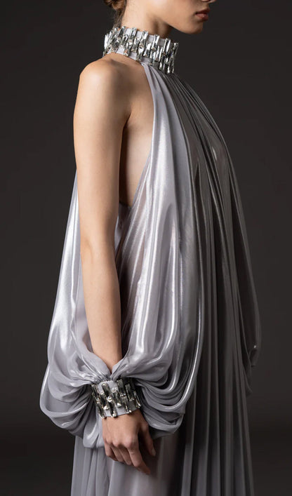 Silver Chiffon Lamé Maxi Dress With Halter Neck