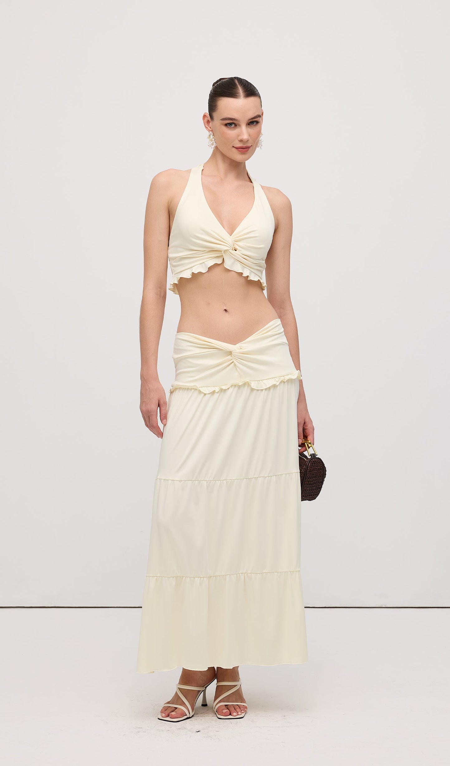 Halter Top & Twist Ruffled Maxi Skirt Sets White