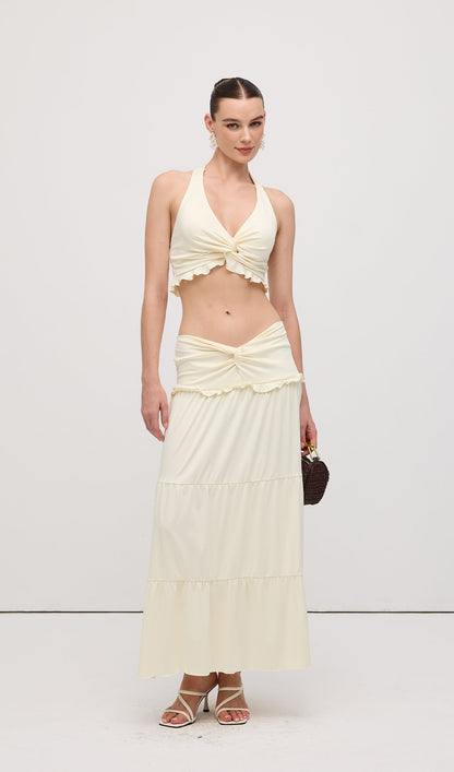 Halter Top & Twist Ruffled Maxi Skirt Sets White