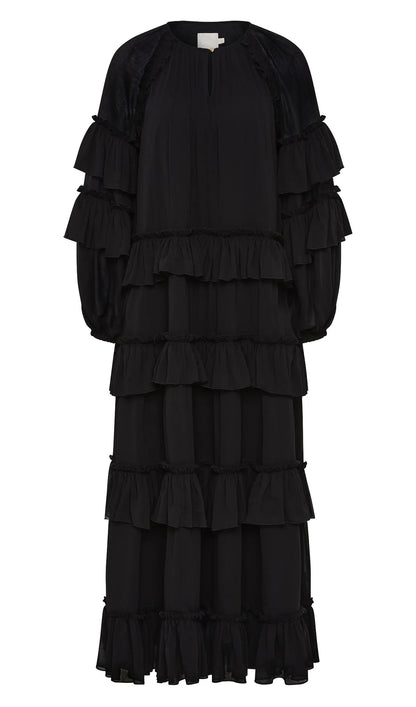 Ruffle Tiered Puff Sleeve Maxi Dress In Black
