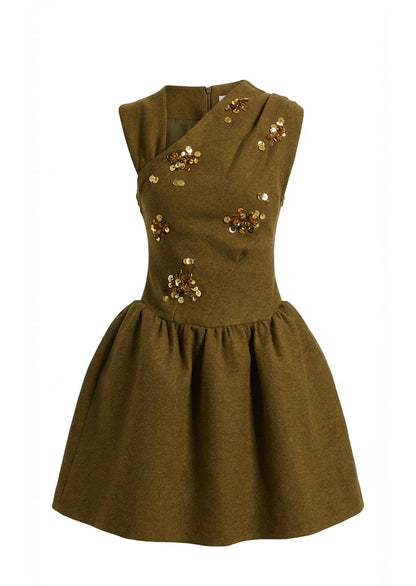 Asymmetrical Neck Embellished Mini Dress