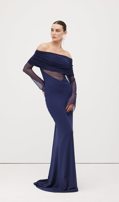 One Shoulder Slinky Ruched Maxi Dress-Blue