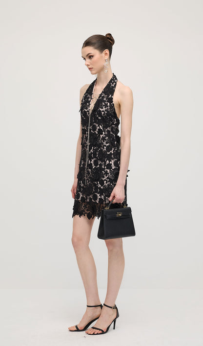 Halter Lace Mini Dress In Black