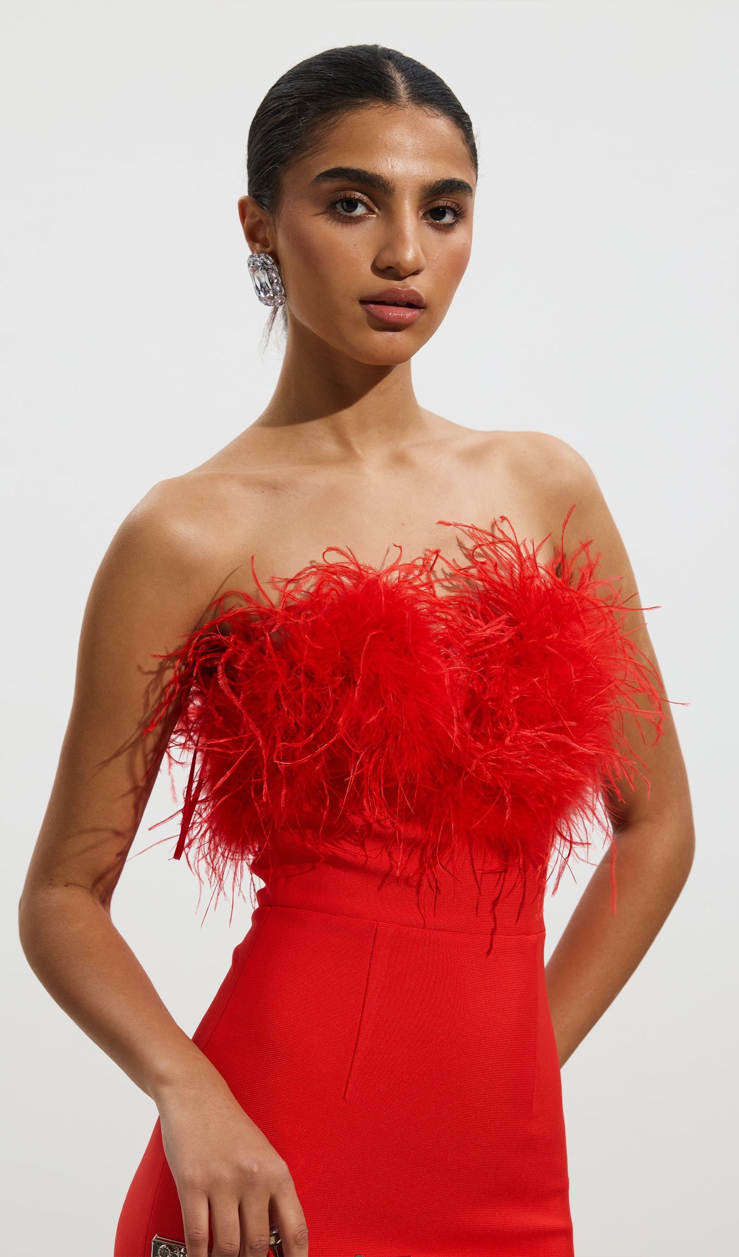 Lena Feather Trimmed Midi Dress Red