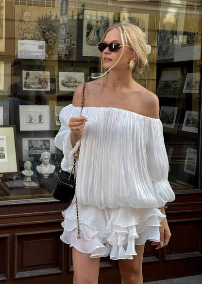 Oralee Off Shoulder Organza Mini Dress In White