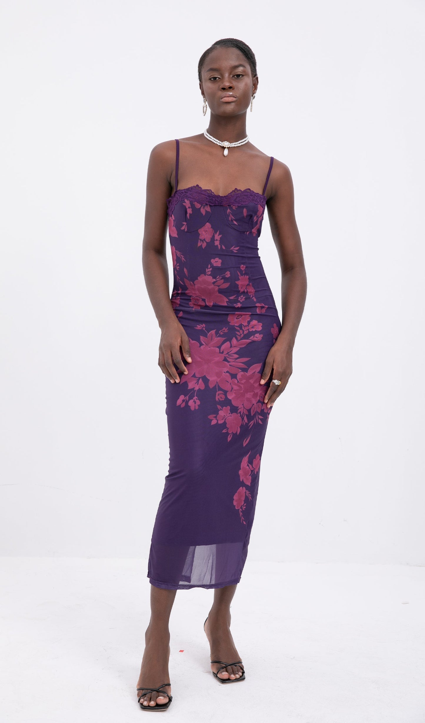 Trendy Tied Lace Floral Mesh Midi Dress