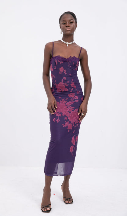 Trendy Tied Lace Floral Mesh Midi Dress