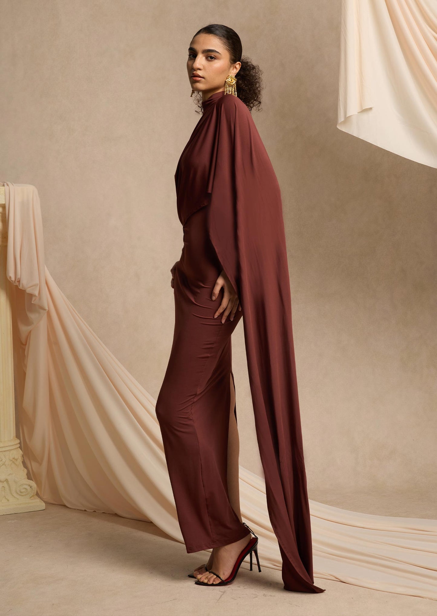 Asymmetrical Draped Cape Maxi Dress