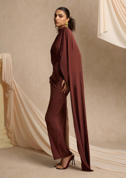 Asymmetrical Draped Cape Maxi Dress
