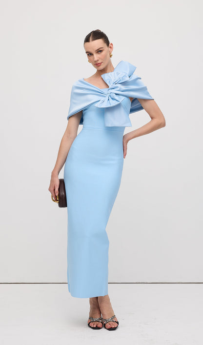 Shawl Strapless Collar Satin Maxi Dress