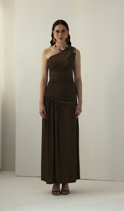 One-Shoulder Glitter Split Maxi Dress