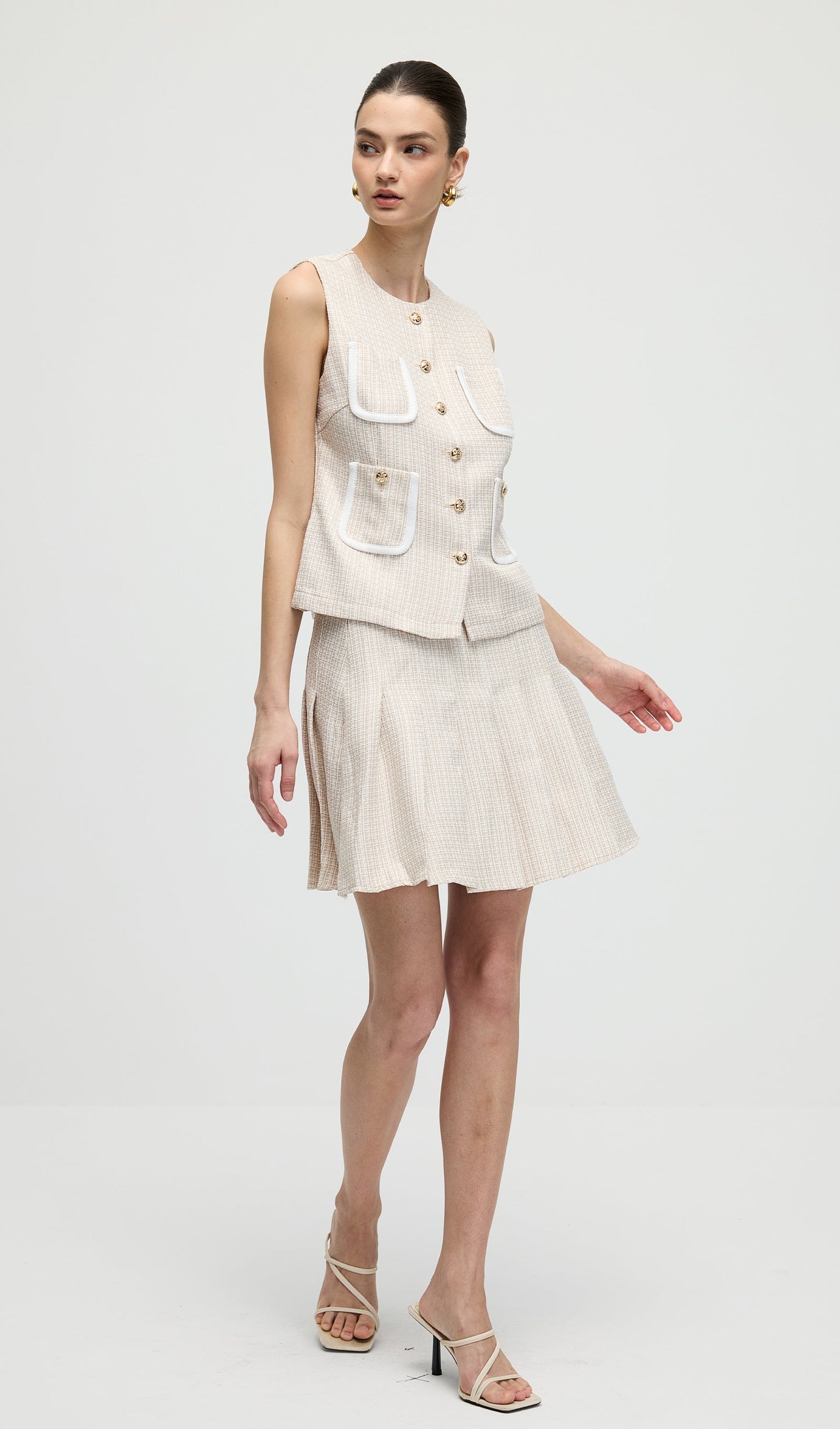 Round Neck Button Vest & Skirt Set