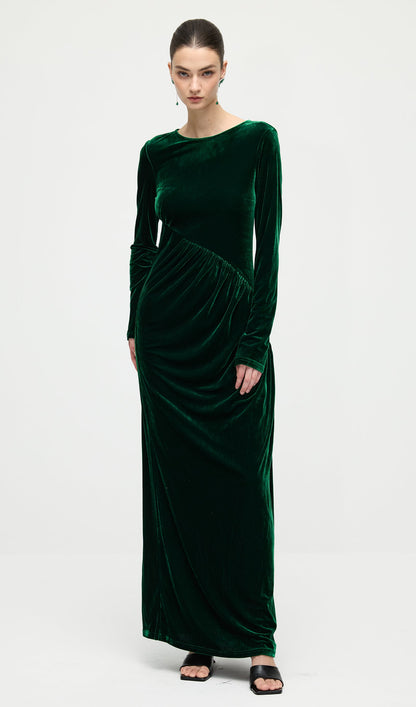 Long Sleeved Gathers  Maxi Dress In Dark Green