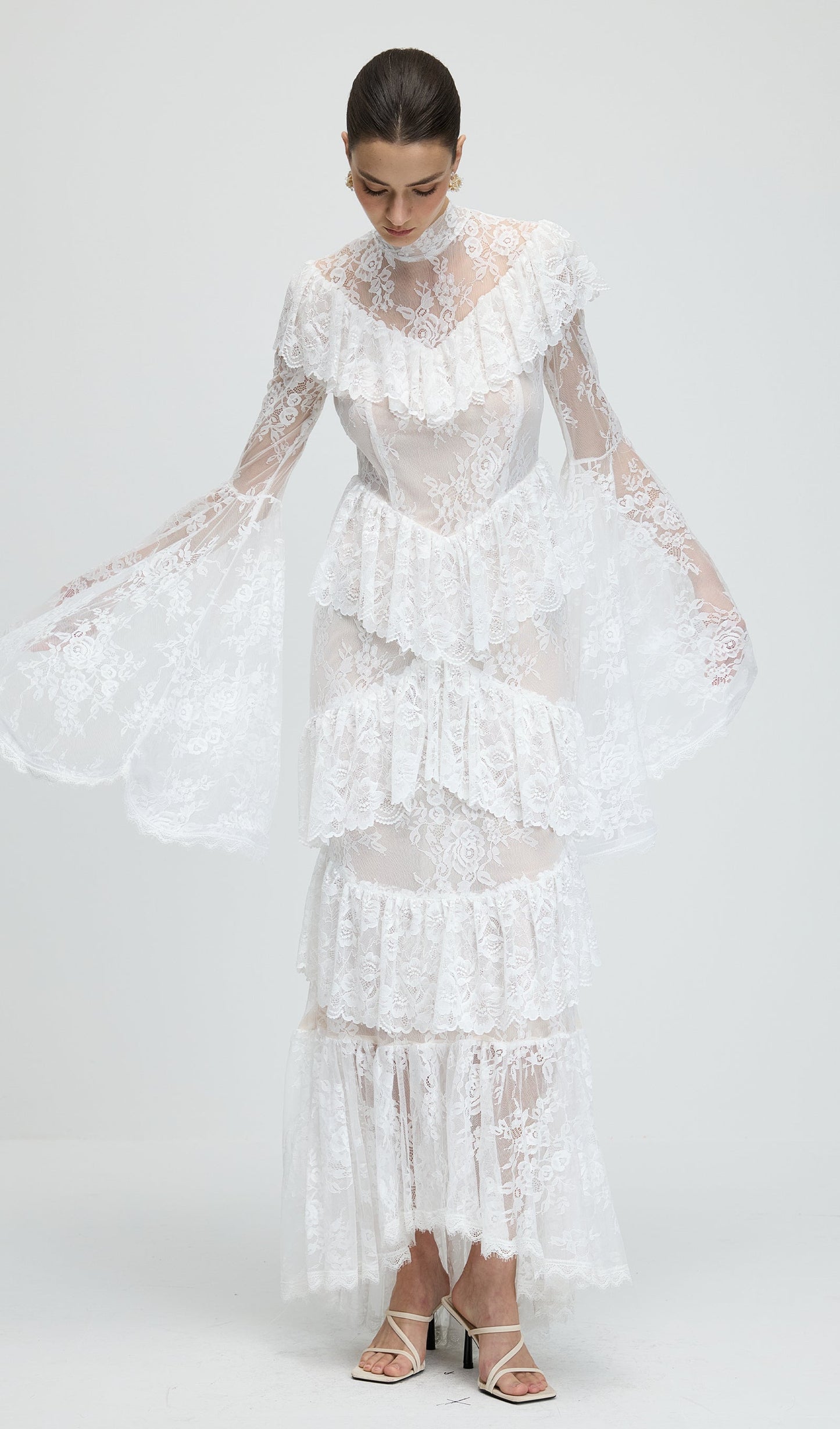 Floral Lace Ruffled Maxi Dress In White