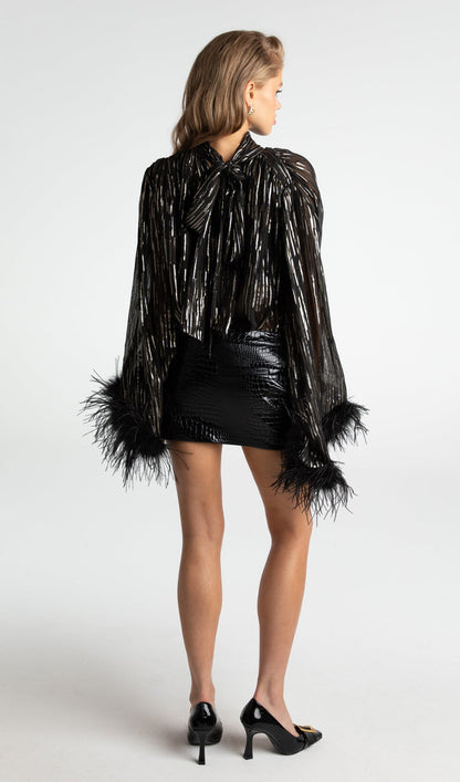 Feather Top & Leather Mini Skirt In Black