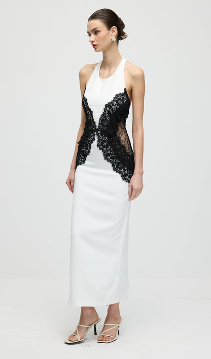 Solid Open Back Maxi Dress In Crepe & Lace