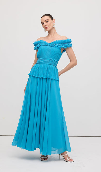 Solid Tiered Pleated Strapless Gown Maxi Dress