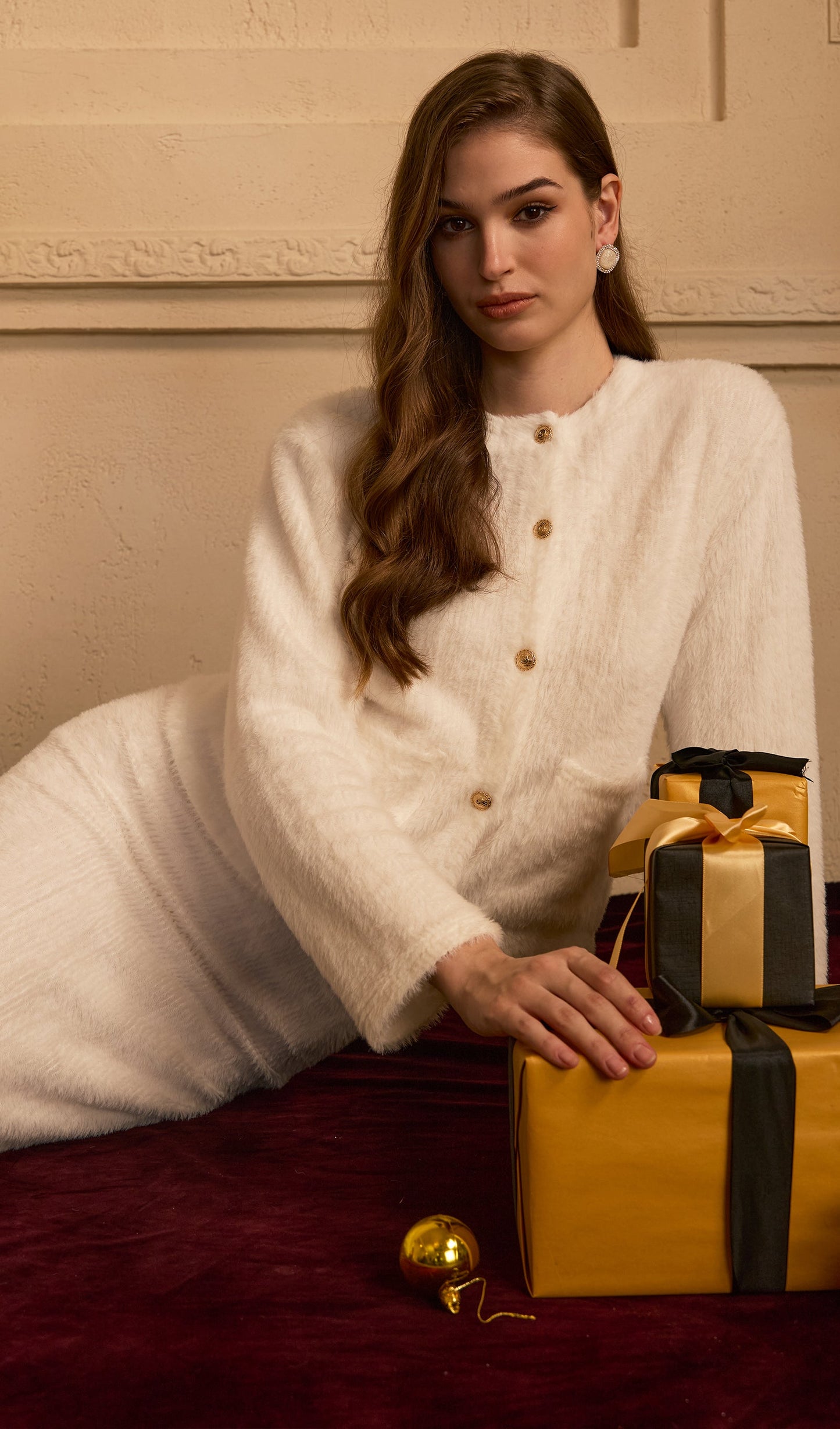 Fluffy Knitted Cardigan & Maxi Skirt Set White