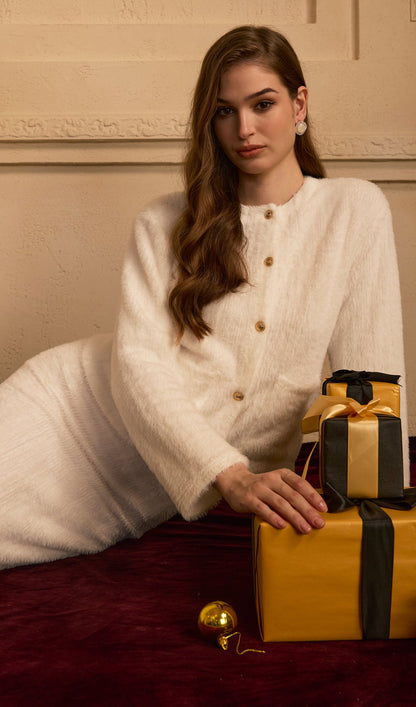 Fluffy Knitted Cardigan & Maxi Skirt Set White