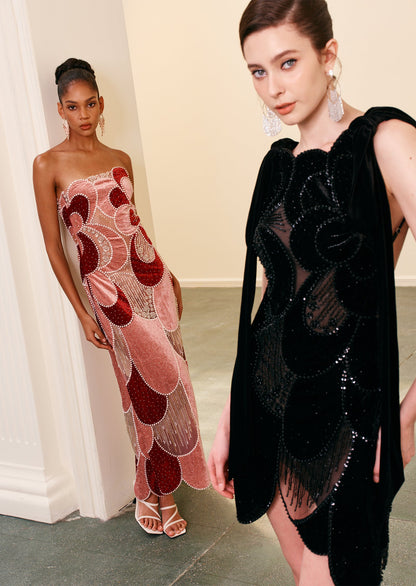 Mini Embroidered Black Velvet Gown