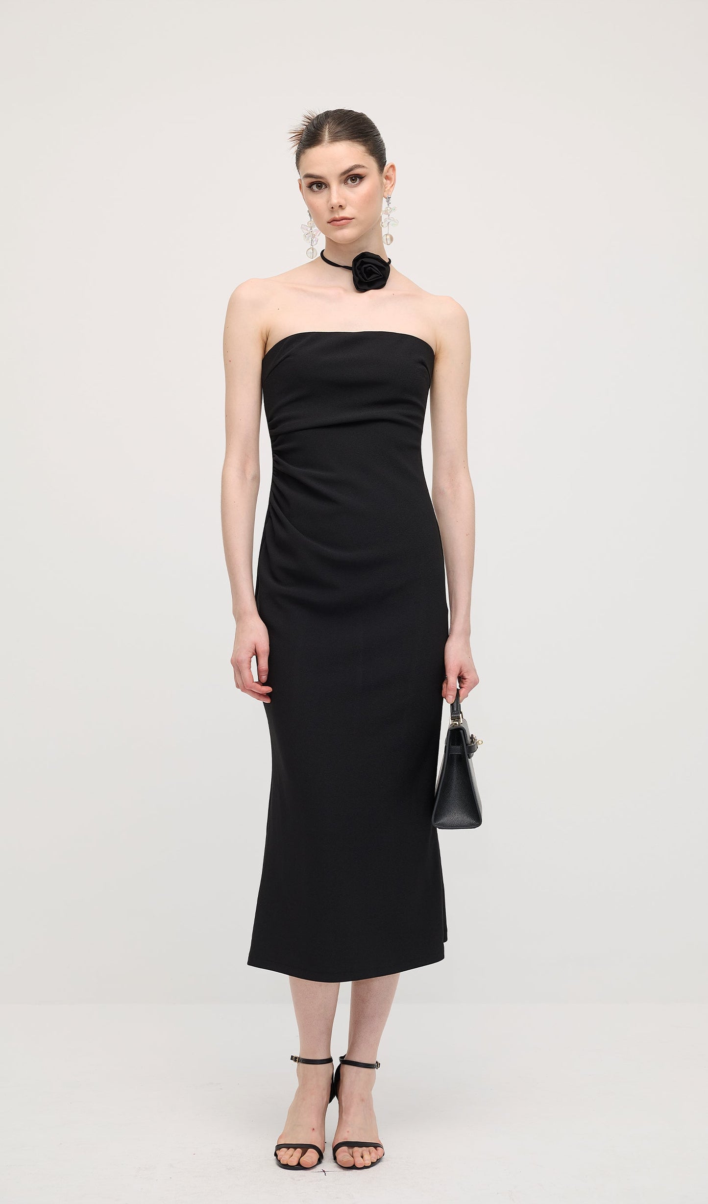 Solid Off Shoulder Midi Dress In Black
