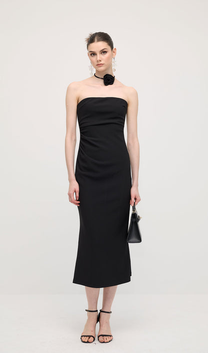 Solid Off Shoulder Midi Dress In Black