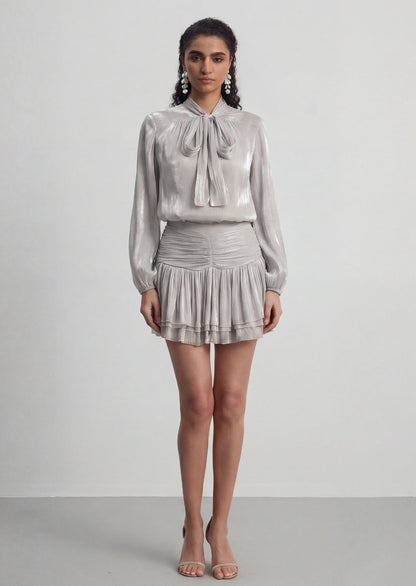 Bow Blouse & Shirred Skirt Set In Silver