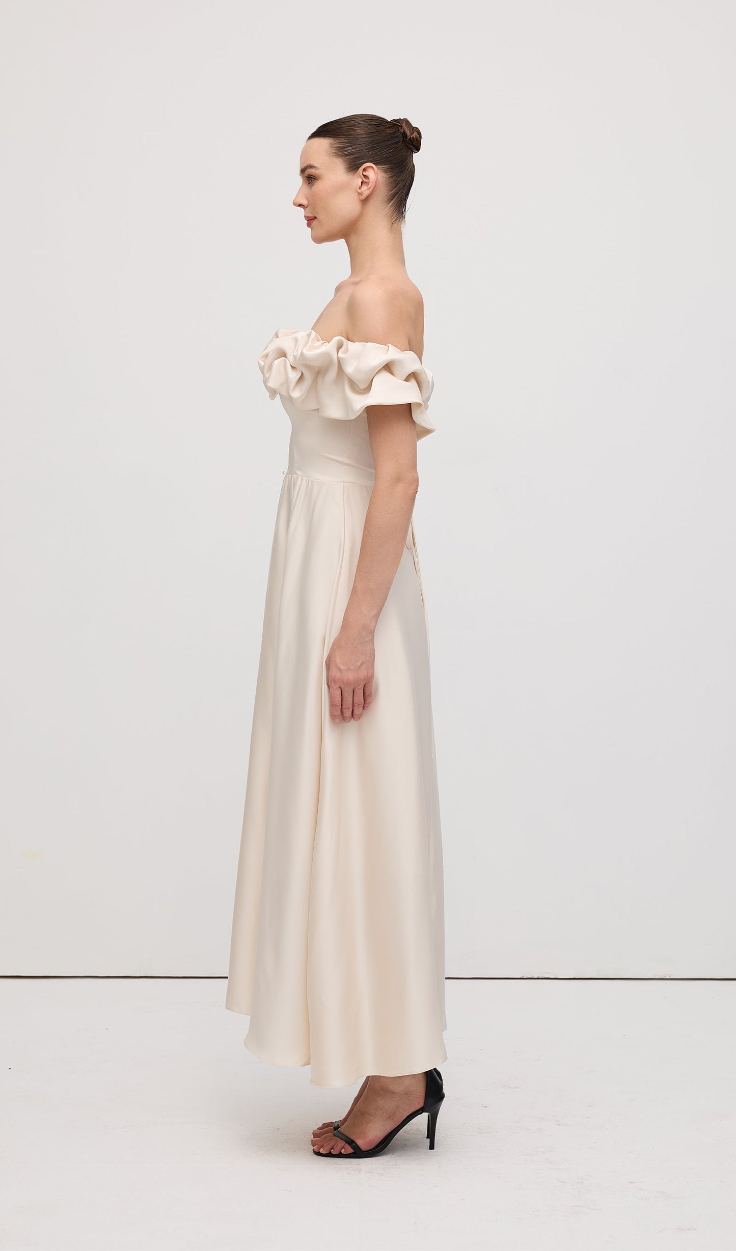Off Shoulder Ruffle Satin Midi Dress