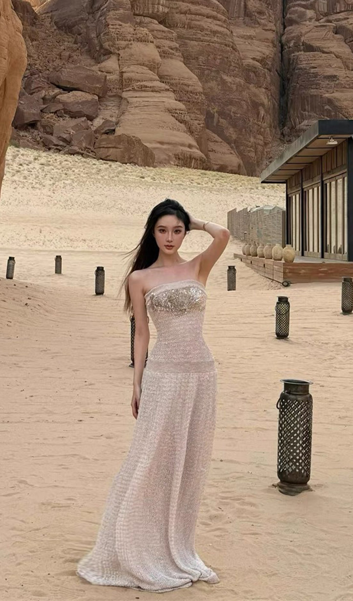Irregular Hollow Knitted Tube Maxi Dress