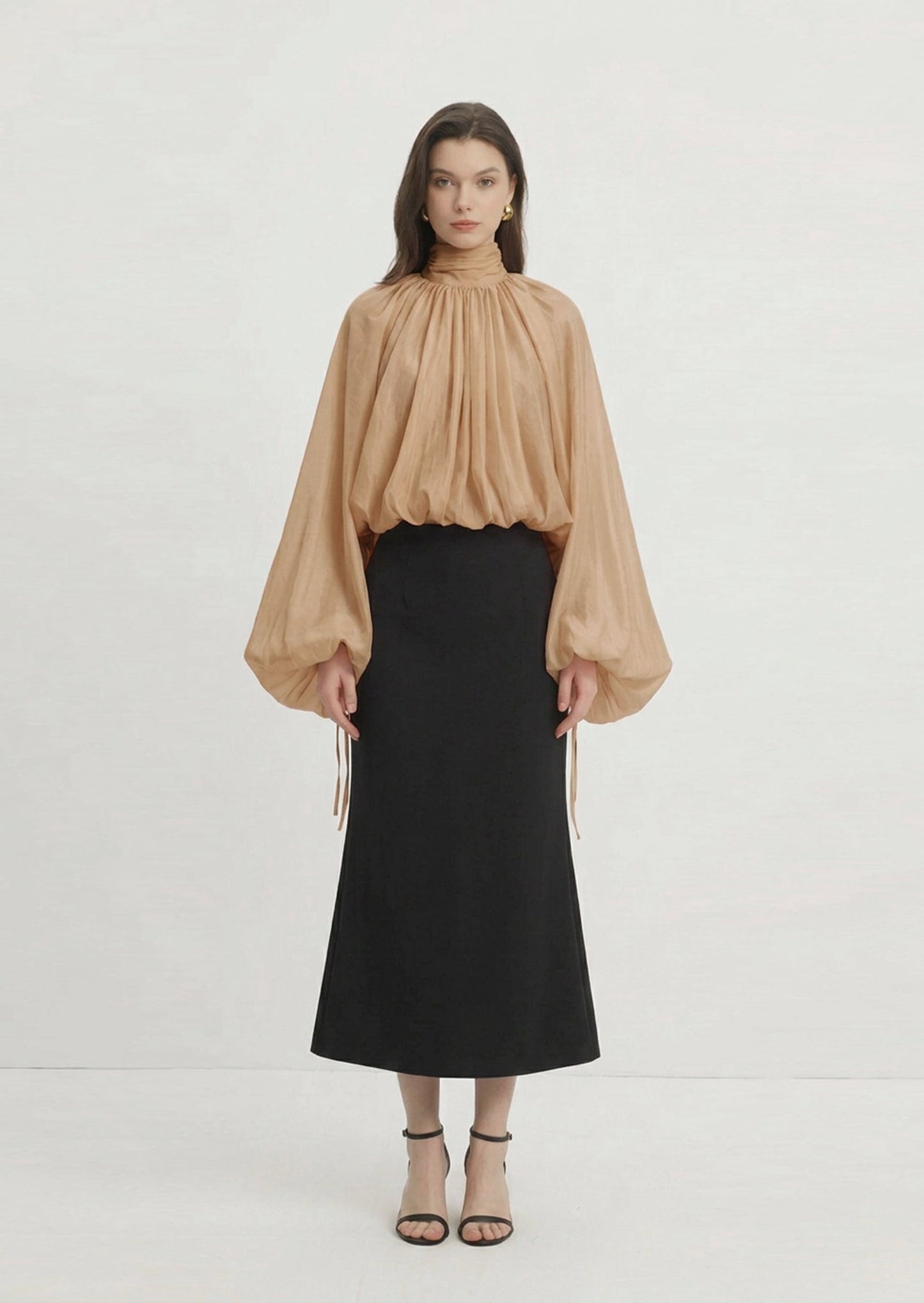 Hexila Balloon Sleeve Volume Blouse In Beige