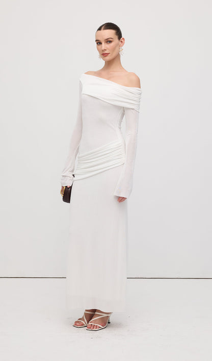 Single Jersey Knit  Draped Maxi Dress White