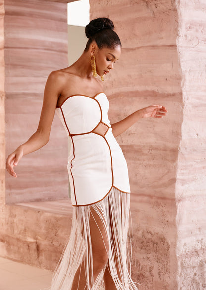 Linen Off Shoulder Hollow Out Tassel Maxi Dress