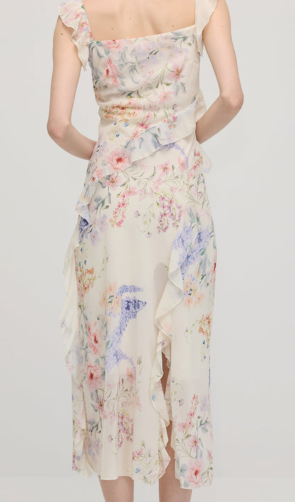 Floral V Neck Ruffled Midi Dress