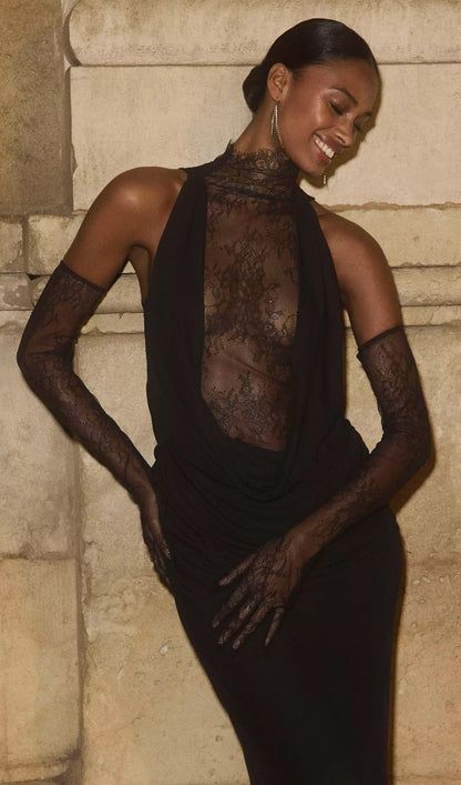 Lace Bodice Ruched Maxi Dress In Black