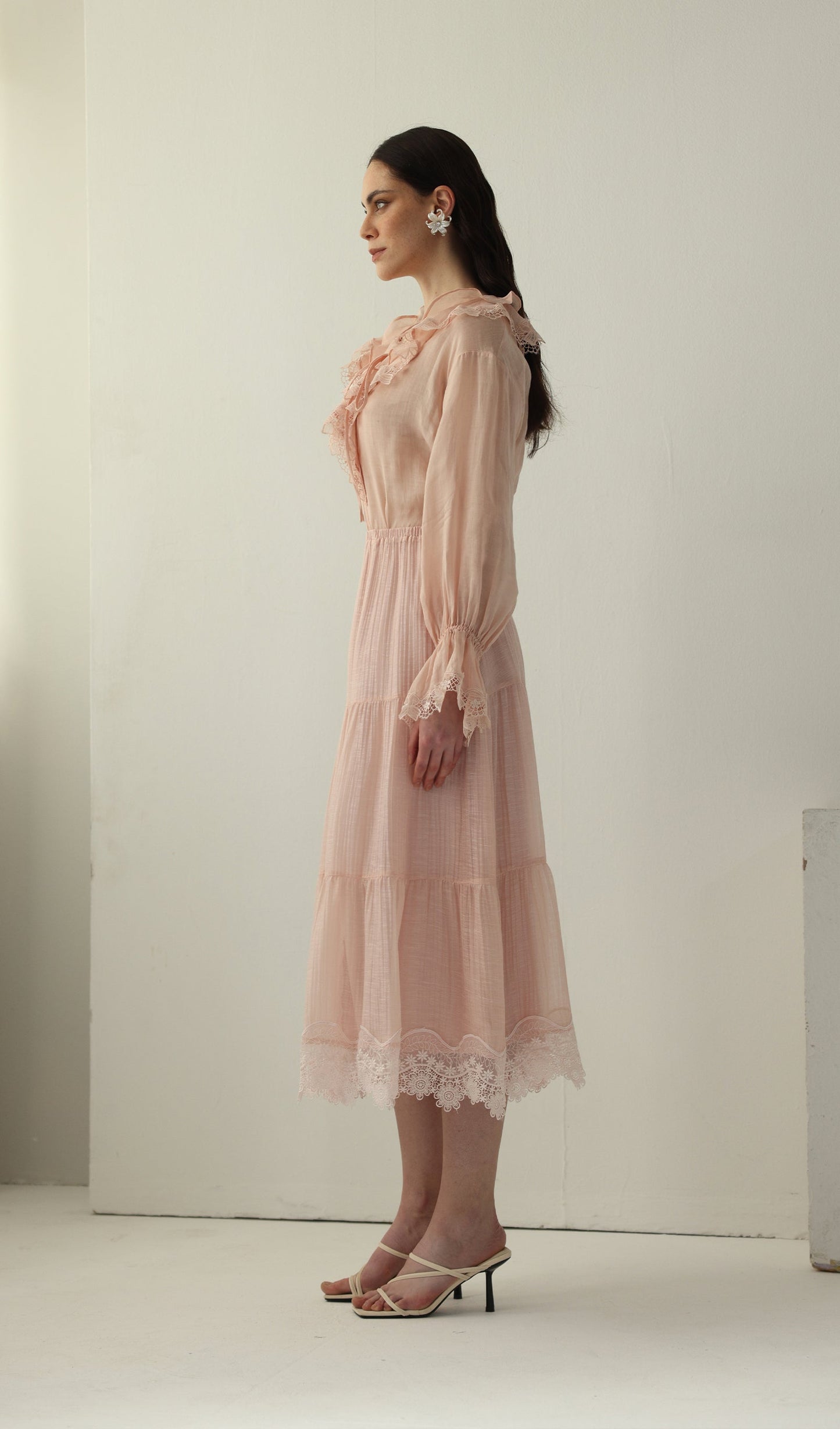 V Neck Lace Panel Ruffled Top