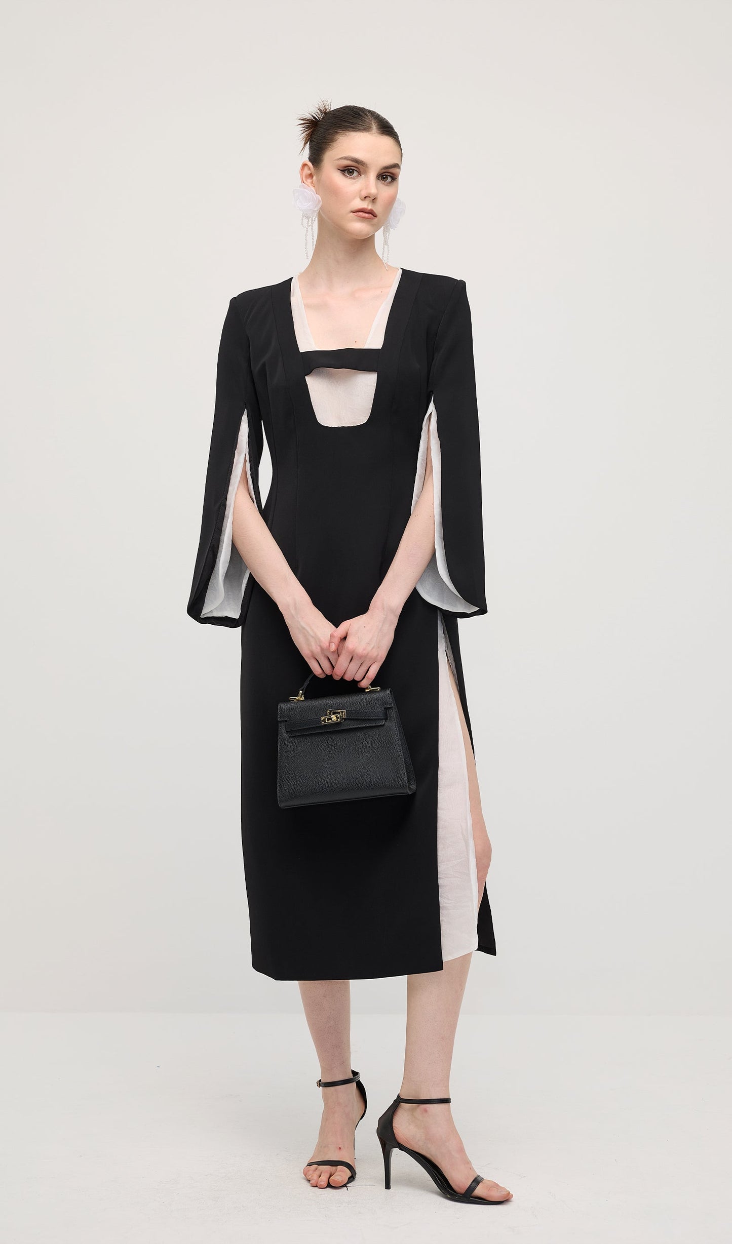Slit Square Shoulder Midi Dress In Black