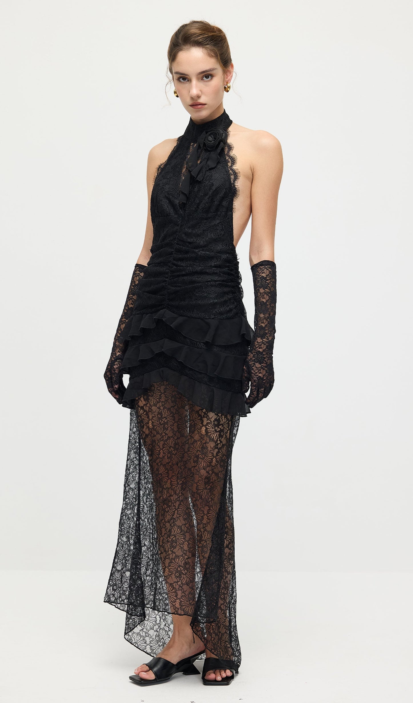 V Neck Ruffled Lace Maxi Dress