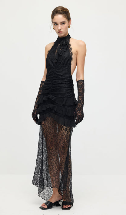 V Neck Ruffled Lace Maxi Dress
