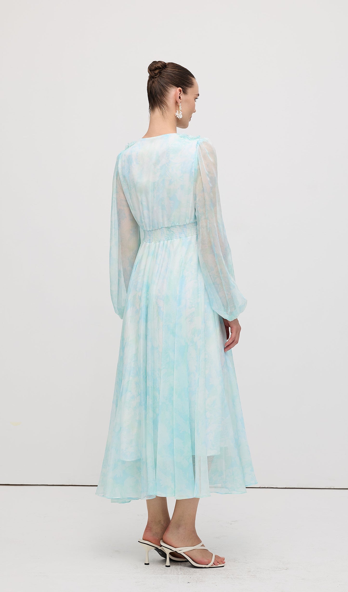 V Neck Ruched Waist Pleated Midi Dress