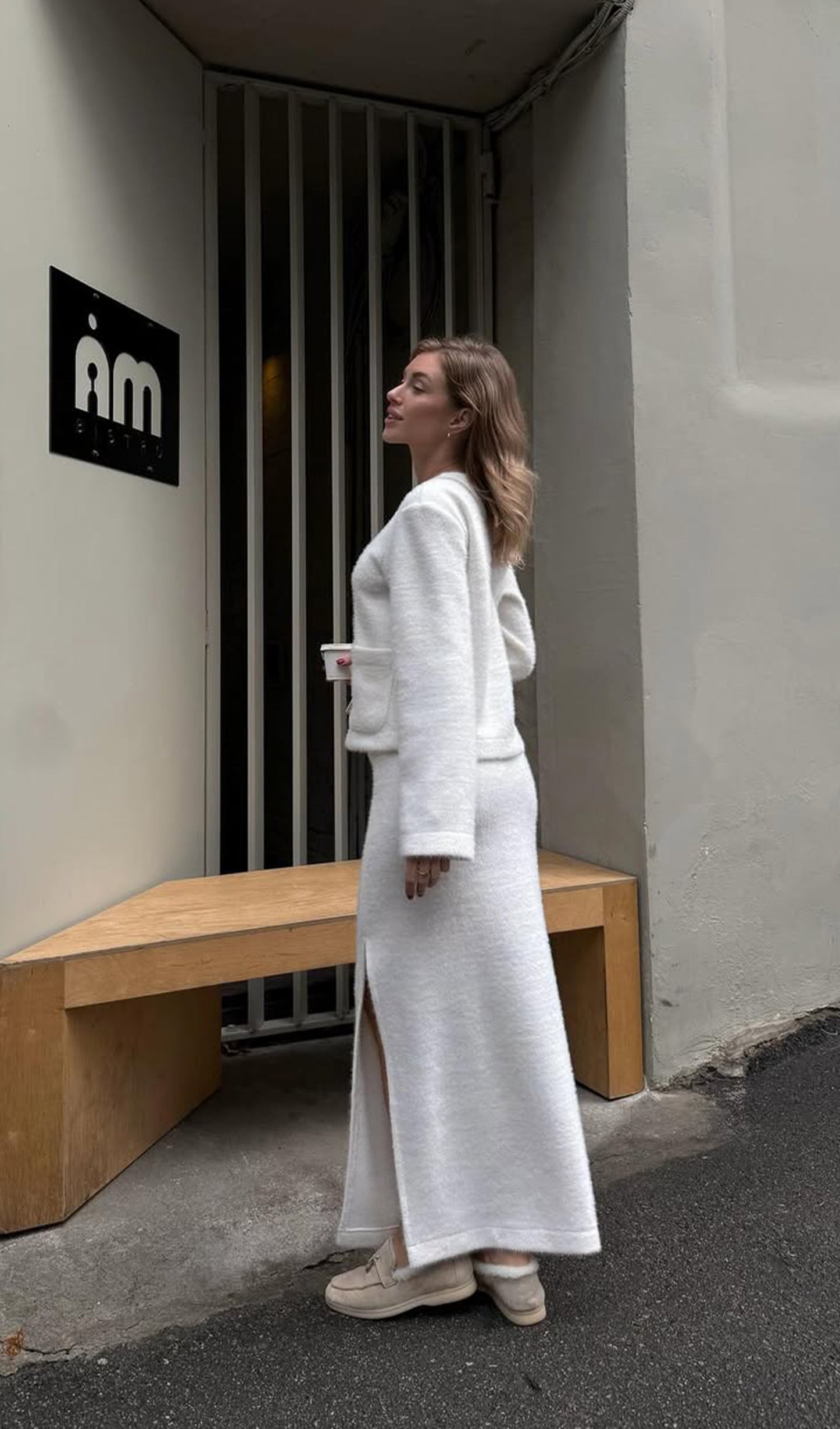 Long Sleeved Top And Slit Skirt Knit Set