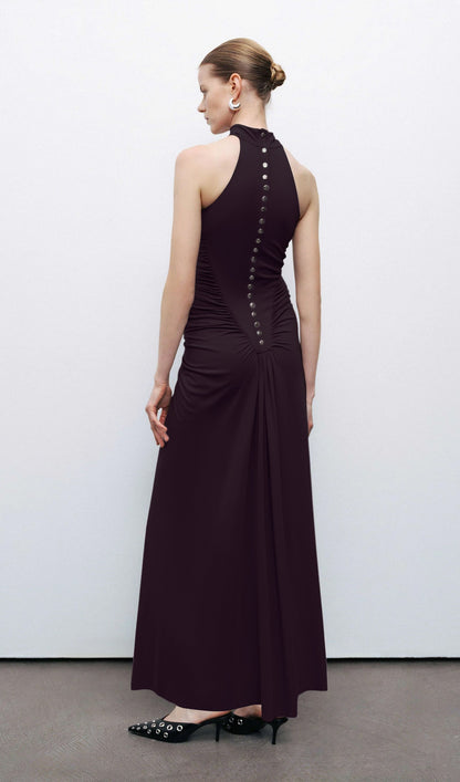 Halter Neck Drape  Maxi Dress In Dark Brown