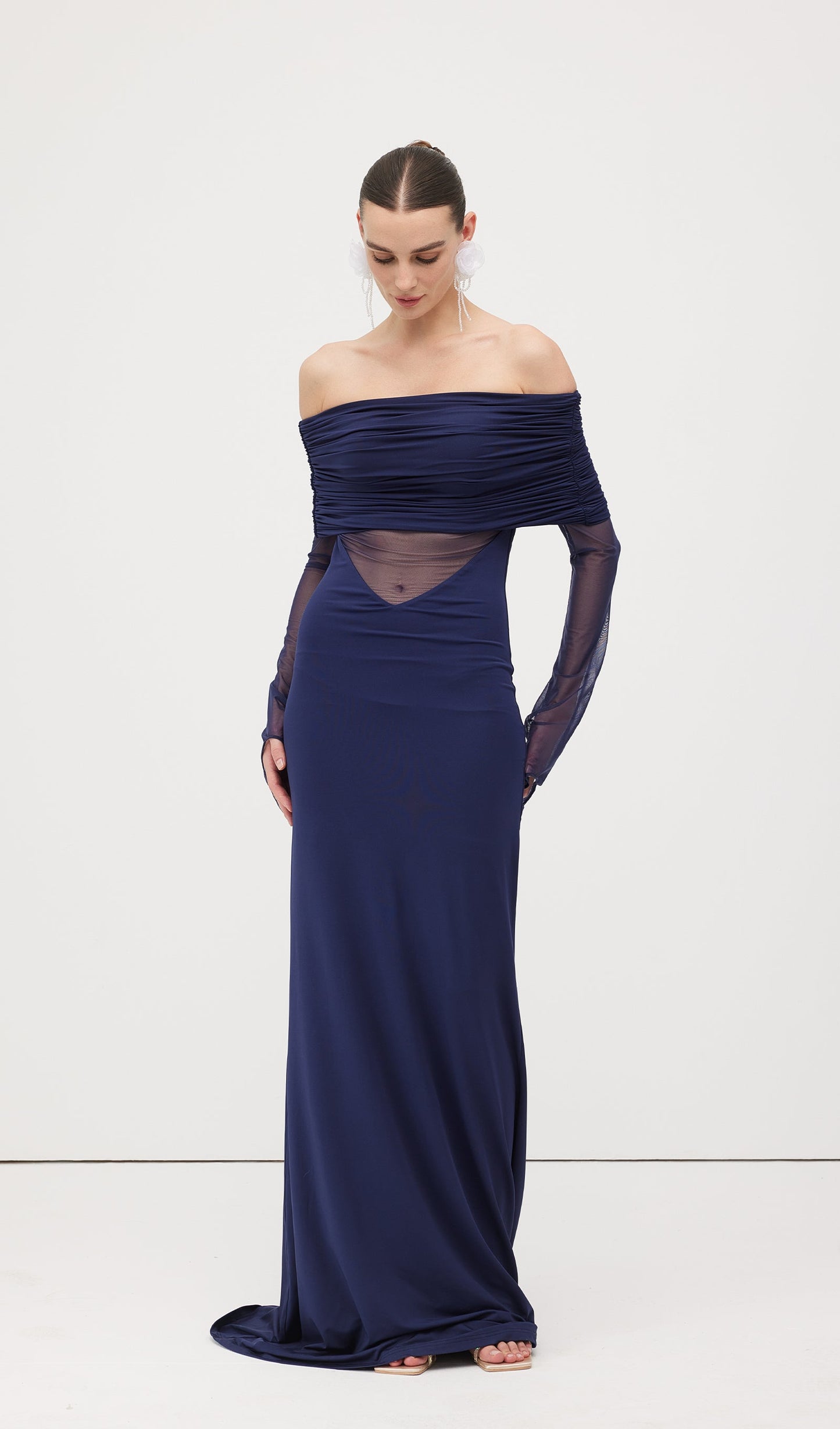 One Shoulder Slinky Ruched Maxi Dress-Blue