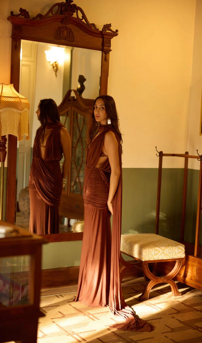 Layali Rose Deep V Neck Pleated Maxi Dress