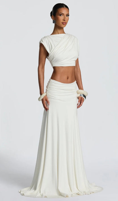 High Boat Neckline & Maxi Drape Skirt Set In Ivory