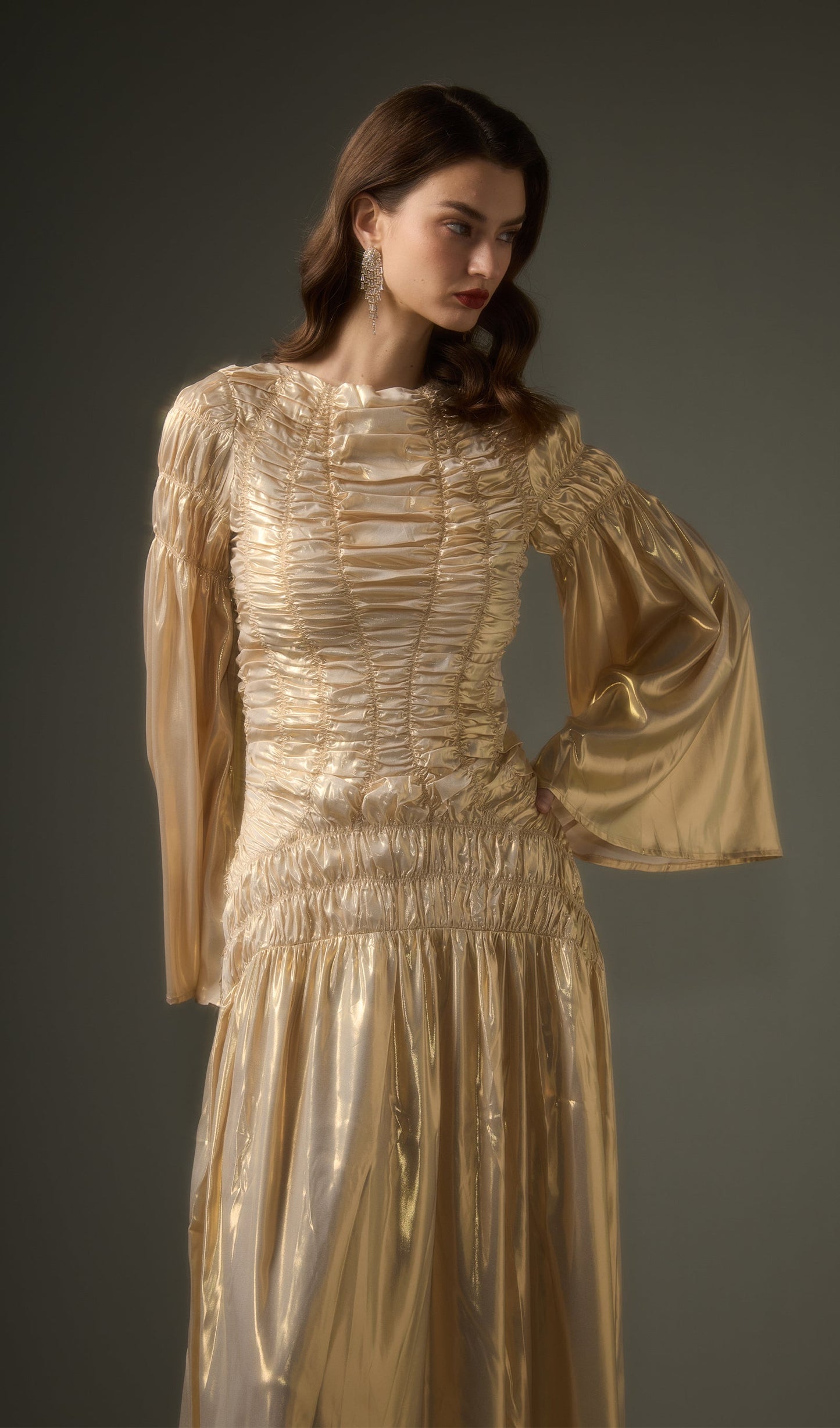 Solid Metallic Elasticated Gathers Maxi Dress