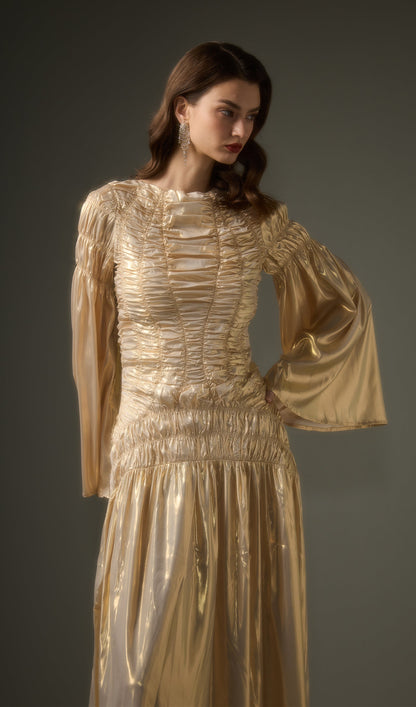 Solid Metallic Elasticated Gathers Maxi Dress