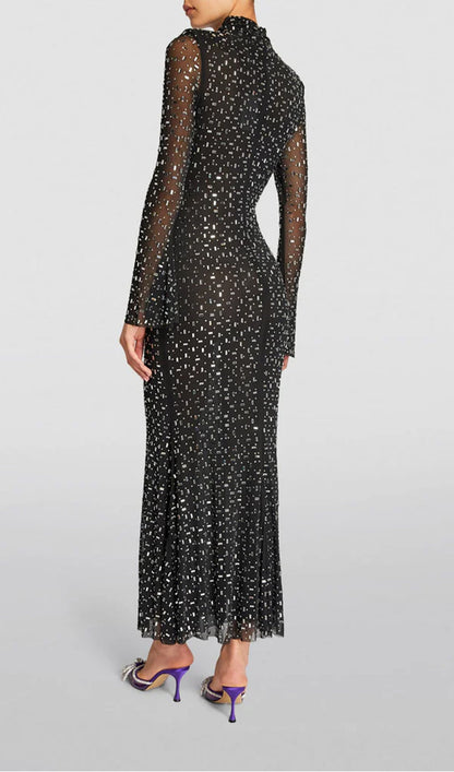 Rhinestone-Embellished Mesh Midi Dress
