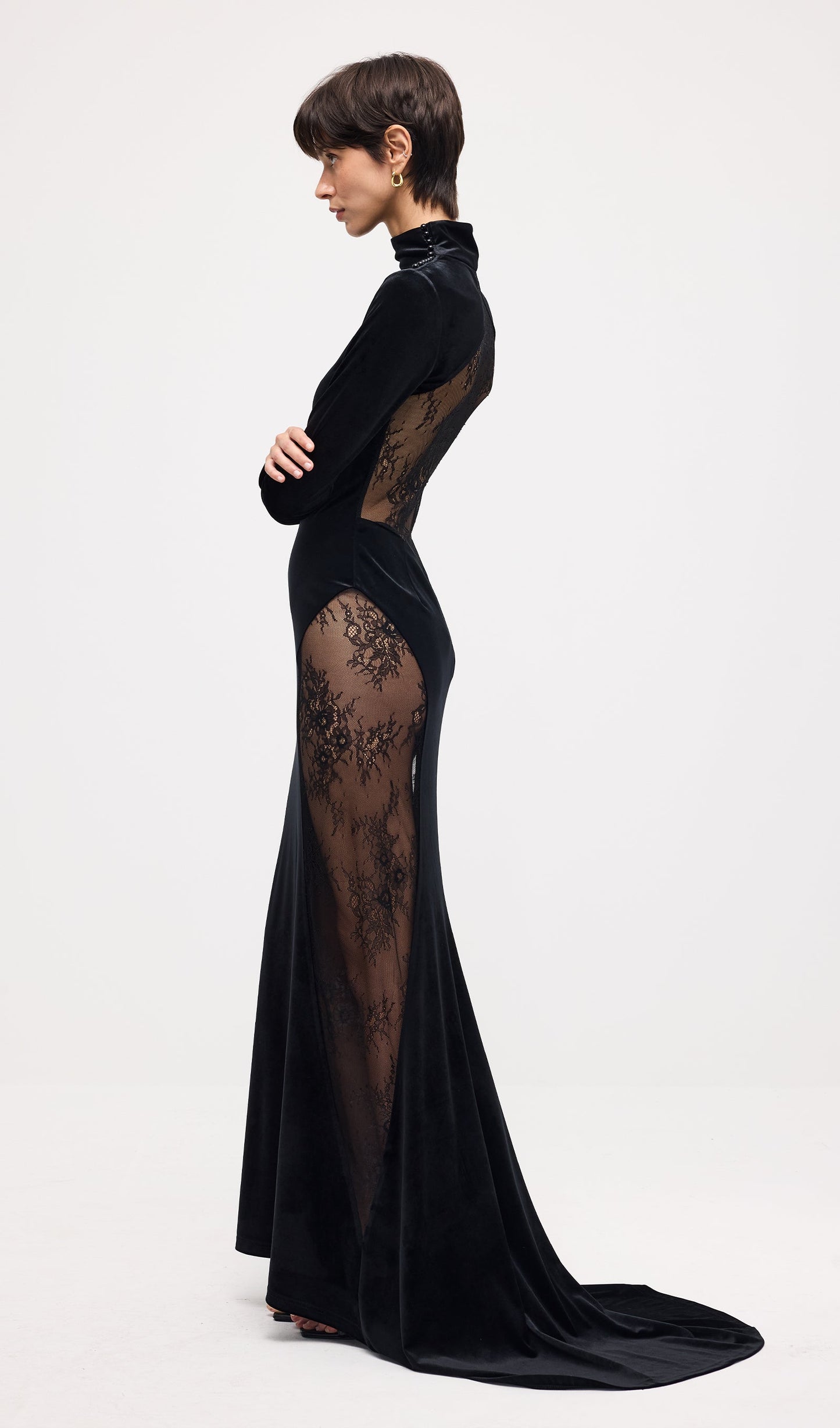 Semi-Sheer Lace Velvet Maxi Dress