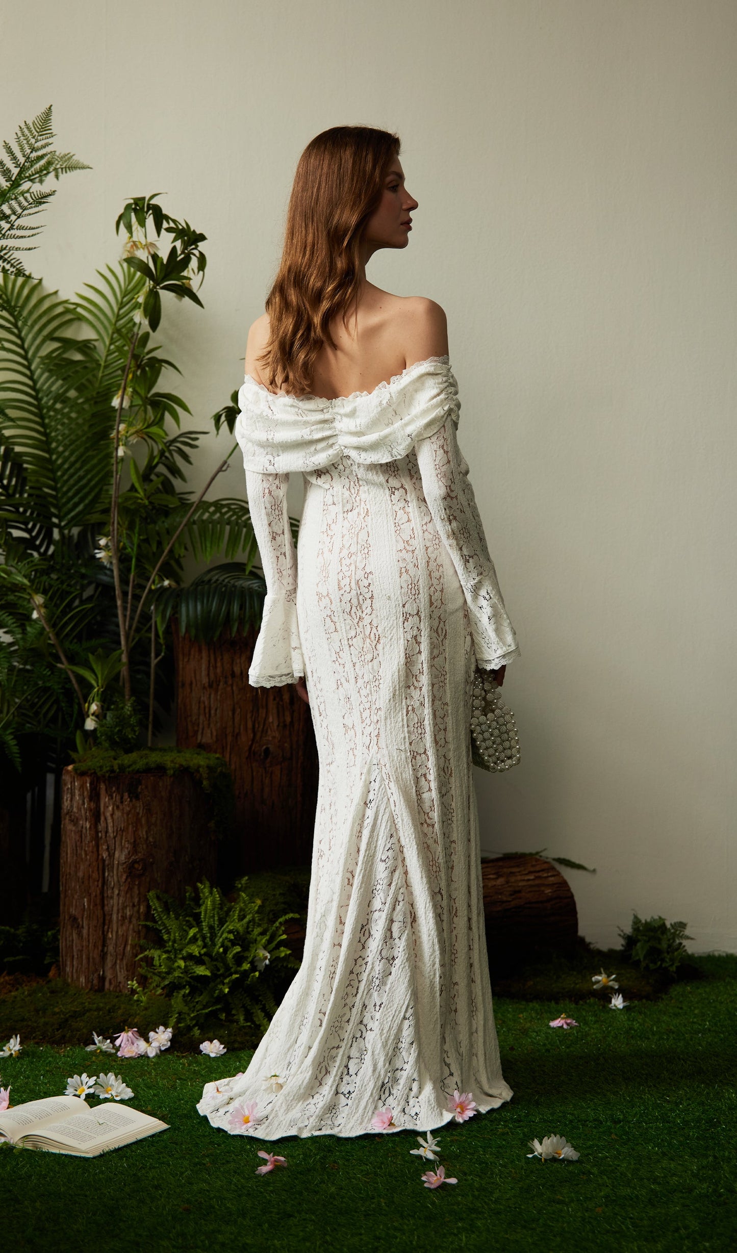 Vintage Floral Lace Off Shoulder Maxi Dress