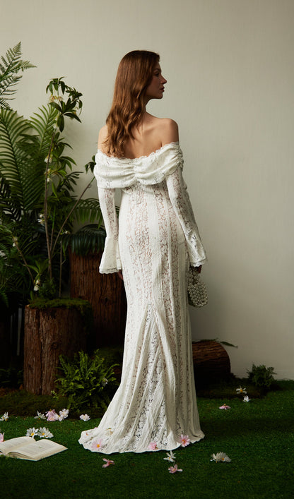 Vintage Floral Lace Off Shoulder Maxi Dress